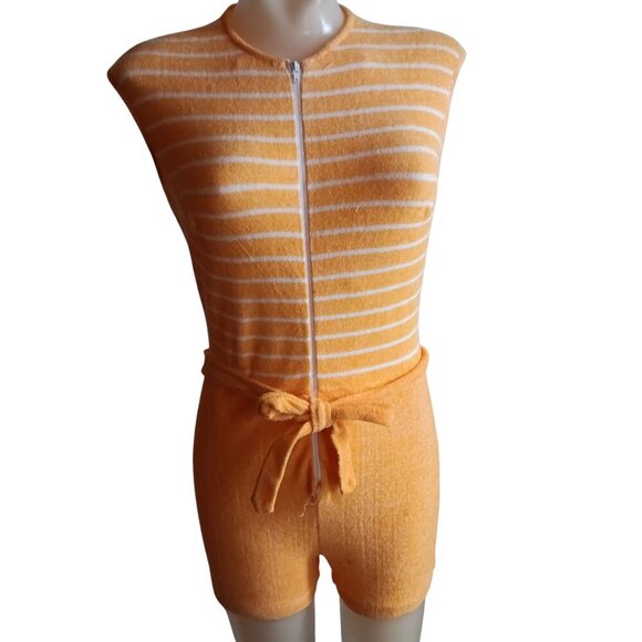 Small Vintage 80's Orange Striped Terry Cloth Womens Romper Zipper & Belt Tie - Picture 1 of 8